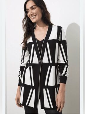 Chico’s Black White Geometric Long Length Deep V-neck Cardigan Sweater Size XL